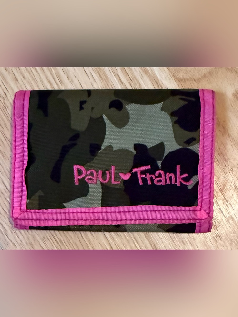 Vintage 2004 Paul Frank Julius Monkey Camo Pink Velcro Trifold Wallet Y2K
